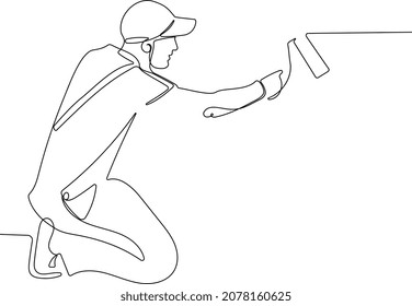 Continuous one line drawing of roller brush painting worker painting on surface wall painting apartment renovating. One line minimal concept. Vector illustration