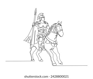 Continuous one line drawing of roman knight ridding horse with spear. Gladiator riding horse and holding spear single outline vector illustration. Editable stroke.