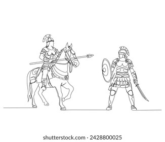 Dibujo continuo de una línea de caballo romano montado a caballo con lanza. Gladiador a caballo batalla con guerrero de un solo contorno ilustración vectorial. Trazo editable.