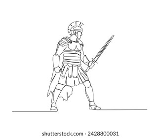 Continuous one line drawing of roman warrior knight holding sword. Gladiator single outline vector illustration. Editable stroke.