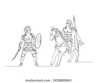 Dibujo continuo de una línea de caballo romano montado a caballo con lanza. Gladiador a caballo batalla con guerrero de un solo contorno ilustración vectorial. Trazo editable.