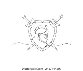 Continuous one line drawing of roman warrior knight helmet mask with shield and sword. Spartan ,helmet mask, shield and swords single outline vector illustration. Editable stroke.