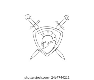 Continuous one line drawing of roman warrior knight helmet mask with shield and sword. Spartan ,helmet mask, shield and swords single outline vector illustration. Editable stroke.