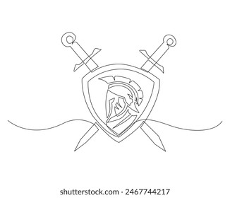 Continuous one line drawing of roman warrior knight helmet mask with shield and sword. Spartan ,helmet mask, shield and swords single outline vector illustration. Editable stroke.