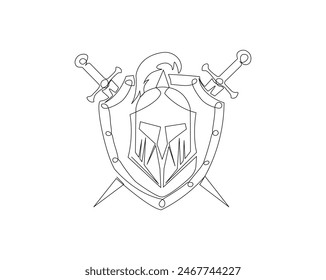 Continuous one line drawing of roman warrior knight helmet mask with shield and sword. Spartan ,helmet mask, shield and swords single outline vector illustration. Editable stroke.