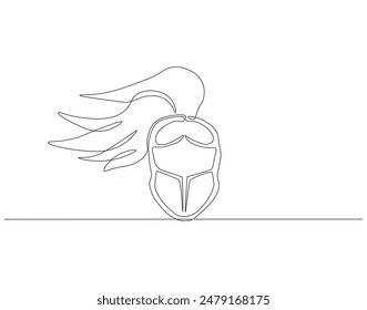 Continuous one line drawing of roman warrior helmet mask. One line drawing illustration of knight iron mask. Knight mask concept singe line. Editable outline.
