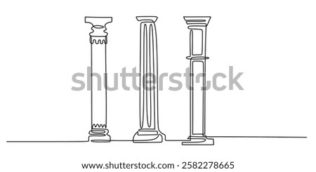 Continuous One line drawing of Roman Column. Depicting classic architecture with basic pillar lines and simple details. Vector illustration hand drawn.