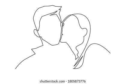 Continuous one line drawing of romantic kiss of two lovers, newlyweds, young people. Loving couple kissing, valentines day. A love story