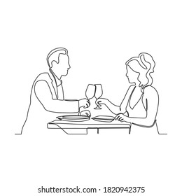 Continuous one line drawing of romantic couple dinner with table  food  and wine.vector