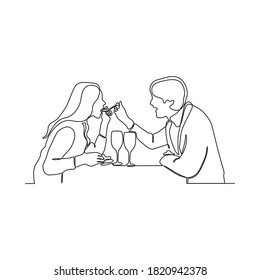 Continuous one line drawing of romantic couple dinner with table  food  and wine.vector
