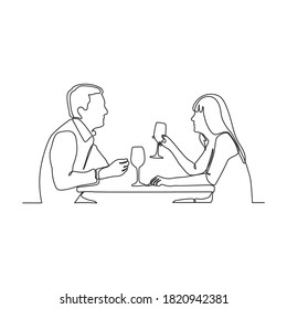 Continuous one line drawing of romantic couple dinner with table  food  and wine.vector