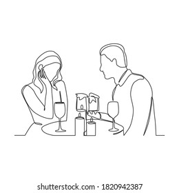 Continuous one line drawing of romantic couple dinner with table  food  and wine.vector