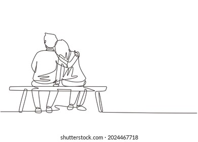 Continuous one line drawing romantic couple chatting and hugging while sitting on bench. Happy couple getting ready for wedding. Engagement and love relation. Single line draw design vector graphic