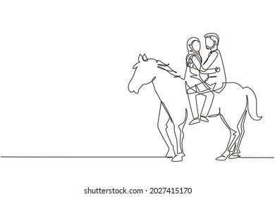 Continuous one line drawing of romantic Arabian couple in love riding horse. Happy couple getting ready for wedding. Engagement and love relation. Single line draw design vector graphic illustration