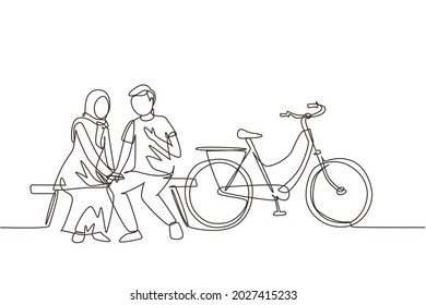 Continuous one line drawing romantic Arabian couple chatting while sitting on bench. Romantic teenage couple ride bike. Young man and woman in love. Single line draw design vector graphic illustration