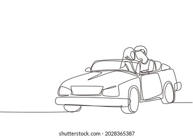 Continuous one line drawing romantic Arabic couple riding car going on road trip. Cheerful man and woman driving in cabriolet car. Couple summer vacation travel. Single line draw design vector graphic