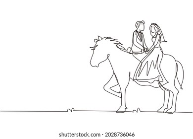 Continuous one line drawing romantic married couple in love riding horse. Happy man woman getting ready for wedding. Engagement and love relation. Single line draw design vector graphic illustration