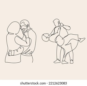 Continuous one line drawing of romantic couple. Old grandfather and grandmother. Parents people with love. Minimalism vector illustration hand drawn.