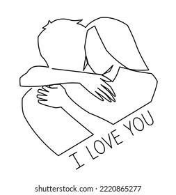 Continuous one line drawing of romantic embrace of two lovers, newlyweds, young people. Loving couple hugging. The concept of friendship, emotional support, comfort someone. I love you