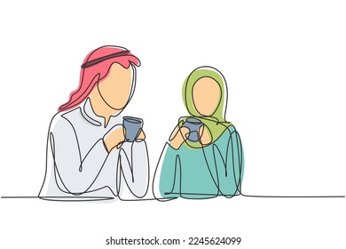 Continuous one line drawing romantic Arabian couple sitting enjoying a cup of coffee to enjoy the morning. Happy family and success life concept. Single line draw design vector graphic illustration