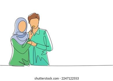 Continuous one line drawing romantic Arabian woman feeding husband for breakfast. Celebrate wedding anniversaries and enjoy romantic moment at home. Single line draw design vector graphic illustration