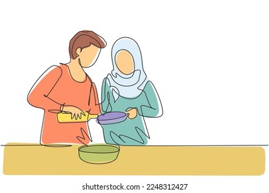 Continuous one line drawing romantic Arab couple pour oil into pan which is being held by one of them. Cooking preparation in cozy kitchen at home. Single line draw design vector graphic illustration