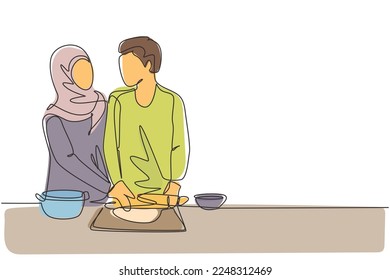Continuous one line drawing romantic Arab couple looking at each other while rolling soft dough during pastry preparation in cozy kitchen at home. Single line draw design vector graphic illustration