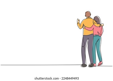 Continuous one line drawing romantic couple holding shoulders warmly. Togetherness of husband and wife after wedding day. Happy family concept. Single line draw design vector graphic illustration