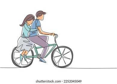 Continuous one line drawing romantic couple. Happy couple is riding bicycle together. Happy family concept. Intimacy celebrates wedding anniversary. Single line draw design vector graphic illustration