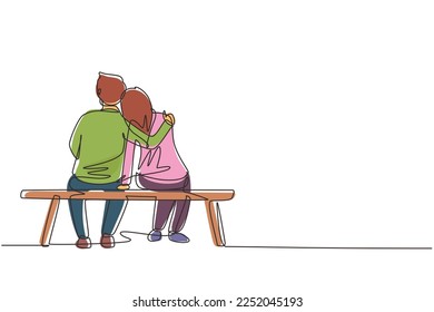 Continuous one line drawing romantic couple chatting and hugging while sitting on bench. Happy couple getting ready for wedding. Engagement and love relation. Single line draw design vector graphic
