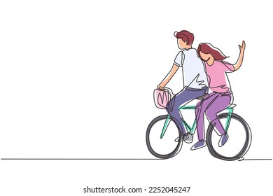 Continuous one line drawing romantic couple having fun on date riding bicycle. Back view of romantic teenage couple ride bike. Young man and woman in love. Single line draw design vector graphic