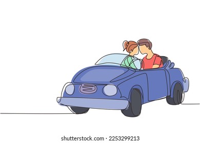 Continuous one line drawing romantic couple riding car going on road trip. Cheerful man and woman driving in cabriolet car. Couple summer vacation travel. Single line draw vector graphic illustration