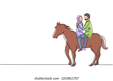 Continuous one line drawing of romantic Arabian couple in love riding horse. Happy couple getting ready for wedding. Engagement and love relation. Single line draw design vector graphic illustration