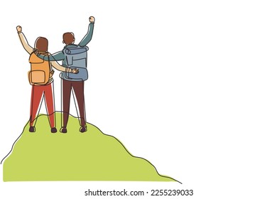 Continuous one line drawing romantic couple hikers and raised hands in mountain valley at sunrise  Travel  tourism  hike   adventure concept  Single line draw design vector graphic illustration