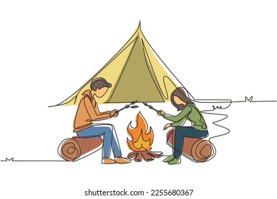 Continuous one line drawing romantic couple summer camp. Man and woman sitting by fireplace on log. Bonfire with marshmallow. Outdoor vacation in forest. Single line draw design vector illustration