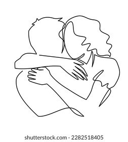 Continuous one line drawing of romantic embrace of two lovers, newlyweds, young people. Loving couple hugging. The concept of friendship, emotional support, comfort someone