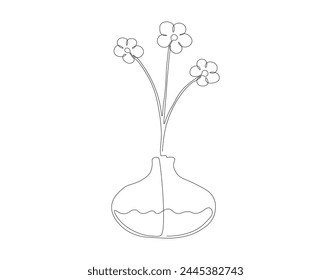 Continuous one line drawing of romantic rose flower on vase. One line of flower in vase. Rose flower continuous line art. Editable outline