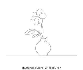 Continuous one line drawing of romantic rose flower on vase. One line of flower in vase. Rose flower continuous line art. Editable outline