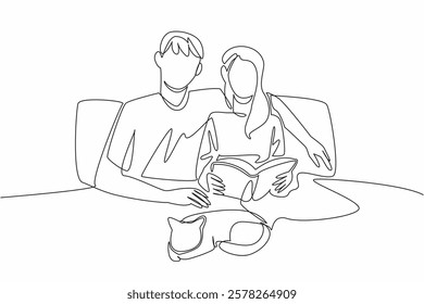 Continuous one line drawing romantic couple relaxing on the bed and reading a book. Quality time with beloved cat. Joy together. National Pet Parents Day. Single line draw design vector illustration