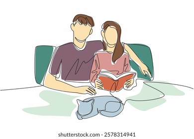 Continuous one line drawing romantic couple relaxing on the bed and reading a book. Quality time with beloved cat. Joy together. National Pet Parents Day. Single line draw design vector illustration