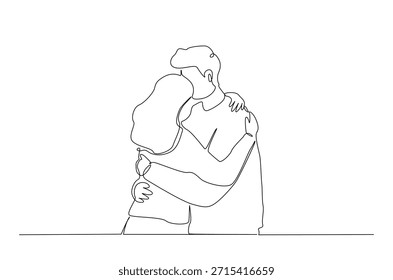 Dibujo continuo de una línea de pareja romántica Abrazo. ilustración de arte de una sola línea que representa a una pareja joven que comparte un abrazo amoroso y reconfortante. Vector editable.