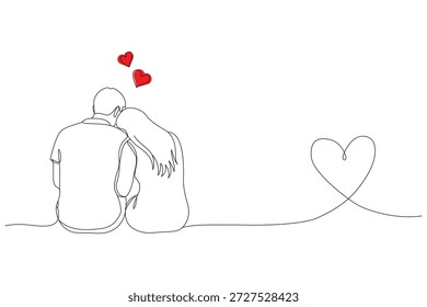 Desenho contínuo de uma linha de casal romântico sentado vista de trás com corações vermelhos ilustração vetor minimalista para design de cartões.