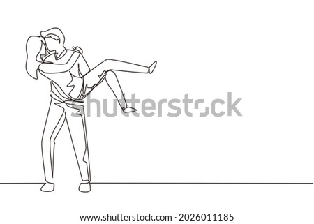 Continuous one line drawing romantic cute female in love kissing on lap male. Happy man carrying a beautiful woman celebrating wedding anniversary. Single line draw design vector graphic illustration