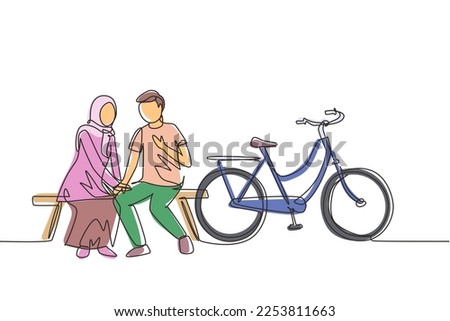 Continuous one line drawing romantic Arabian couple chatting while sitting on bench. Romantic teenage couple ride bike. Young man and woman in love. Single line draw design vector graphic illustration