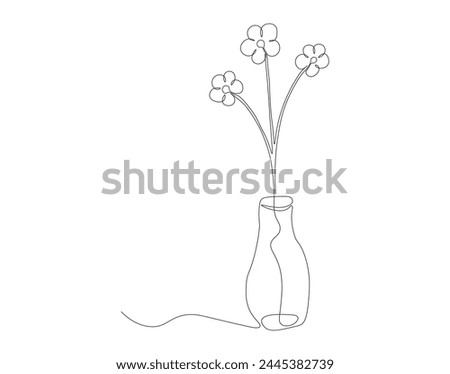 Continuous one line drawing of romantic rose flower on vase. One line of flower in vase. Rose flower continuous line art. Editable outline