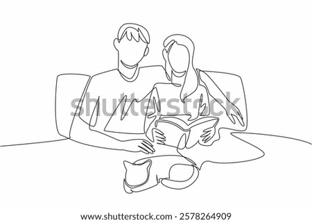 Continuous one line drawing romantic couple relaxing on the bed and reading a book. Quality time with beloved cat. Joy together. National Pet Parents Day. Single line draw design vector illustration