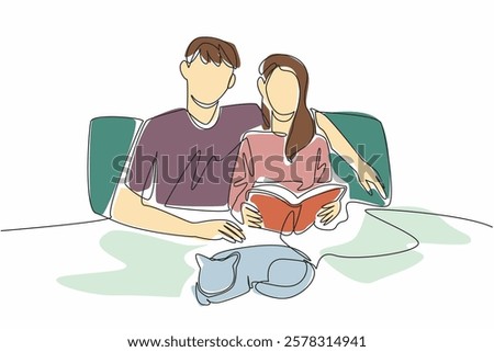 Continuous one line drawing romantic couple relaxing on the bed and reading a book. Quality time with beloved cat. Joy together. National Pet Parents Day. Single line draw design vector illustration