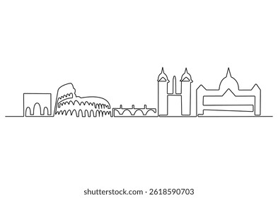 Continuous one line drawing of Rome city skyline. Single line drawing illustration of Italy cityscape. Beautiful buildings and architecture concept vector art. Doodle line illustration.