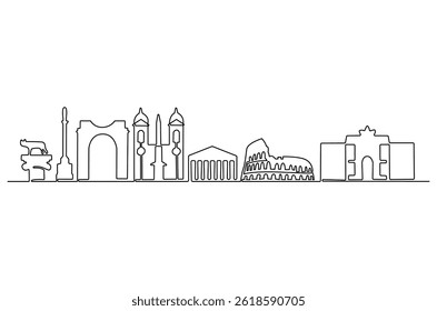 Continuous one line drawing of Rome city skyline. Single line drawing illustration of Italy cityscape. Beautiful buildings and architecture concept vector art. Doodle line illustration.