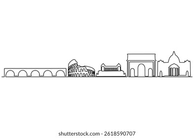 Continuous one line drawing of Rome city skyline. Single line drawing illustration of Italy cityscape. Beautiful buildings and architecture concept vector art. Doodle line illustration.